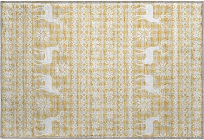 Holiday Festive Theme Soft Plush Thick Pile Christmas Area Rug 1'8" X 2'6" | Winter Cheer Xmas Playful Deer Snowflakes Plaid Patterns Gold Yellow White Color | Washable Nonslip Indoor Outdoor Rugs