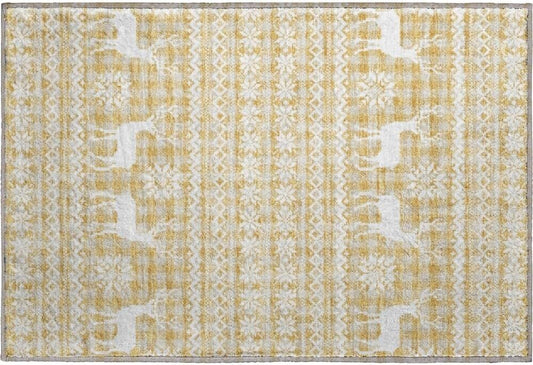 Holiday Festive Theme Soft Plush Thick Pile Christmas Area Rug 1'8" X 2'6" | Winter Cheer Xmas Playful Deer Snowflakes Plaid Patterns Gold Yellow White Color | Washable Nonslip Indoor Outdoor Rugs
