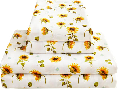 Floral Sheet Set Full, Sunflower Printed Bed Sheets Double, Brushed Microfiber Fitted Sheet with 15" Deep Pocket & Non-Slip Straps, Yellow Flower Pattern Sheet & Pillowcase Sets