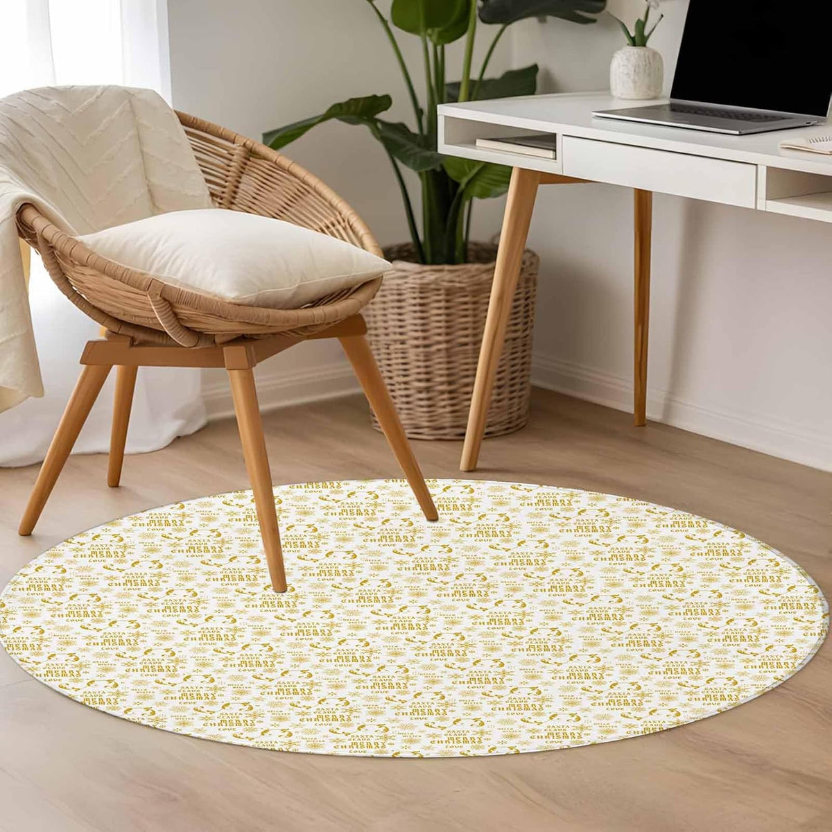 Round Area Rug 3.3ft,Yellow Christmas Winter Snowflakes Washable Circle Carpet Non-Slip Runner Accent Rugs Indoor Floor Mat for Bedroom Living Room Decor,White Background