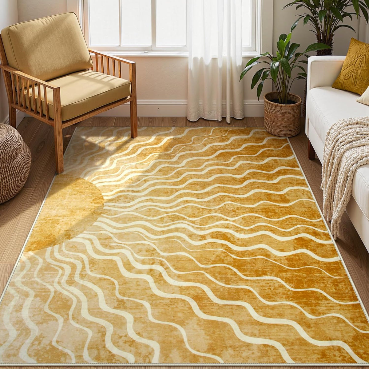 Sun 5x7 Area Rug, Boho Ombre Yellow Bedroom Rug Machine Washable Carpet, Ultra Thin Soft Non Slip Mid Century Nursery Carpet for Kids Room Living Room Playroom Classroom Decor
