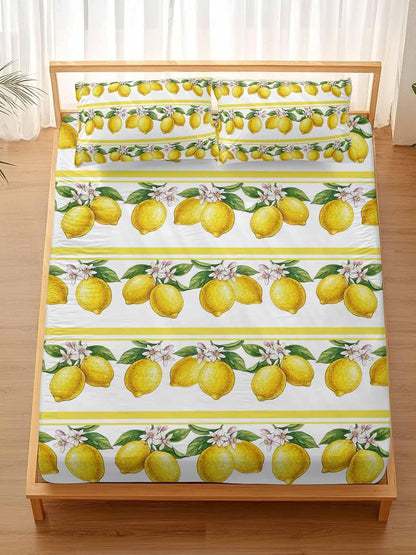 3 Pieces Twin Fitted Sheet Set, Summer Lemon Flower Leaf Deep Pocket Up to 16", Yellow Fruit Minimalist Stripe Soft Elastic Bed Sheets and Pillow Cases Secure Fit