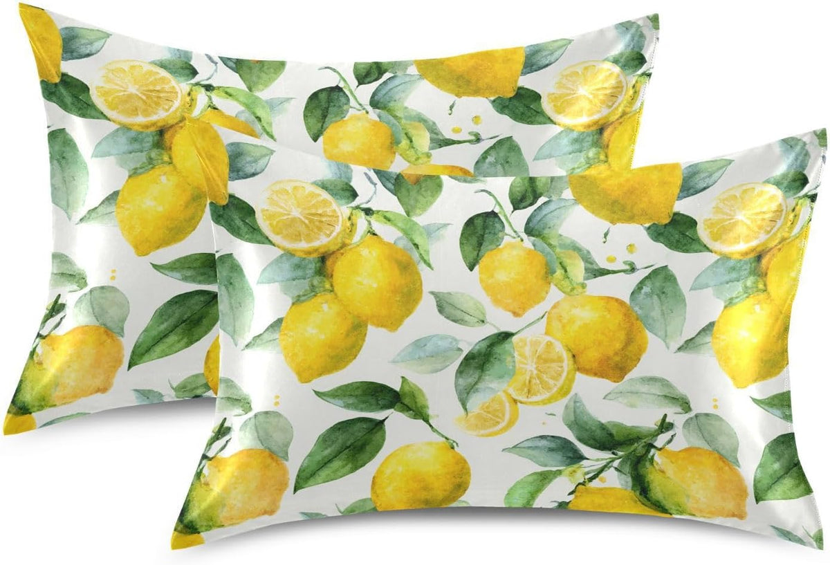 Watercolor Lemon Leaf Satin Pillowcase with Envelope Closure Yellow Standard Size Pillow Case, Silky Pillow Cover for Home Bedroom Sofa 20x26 in