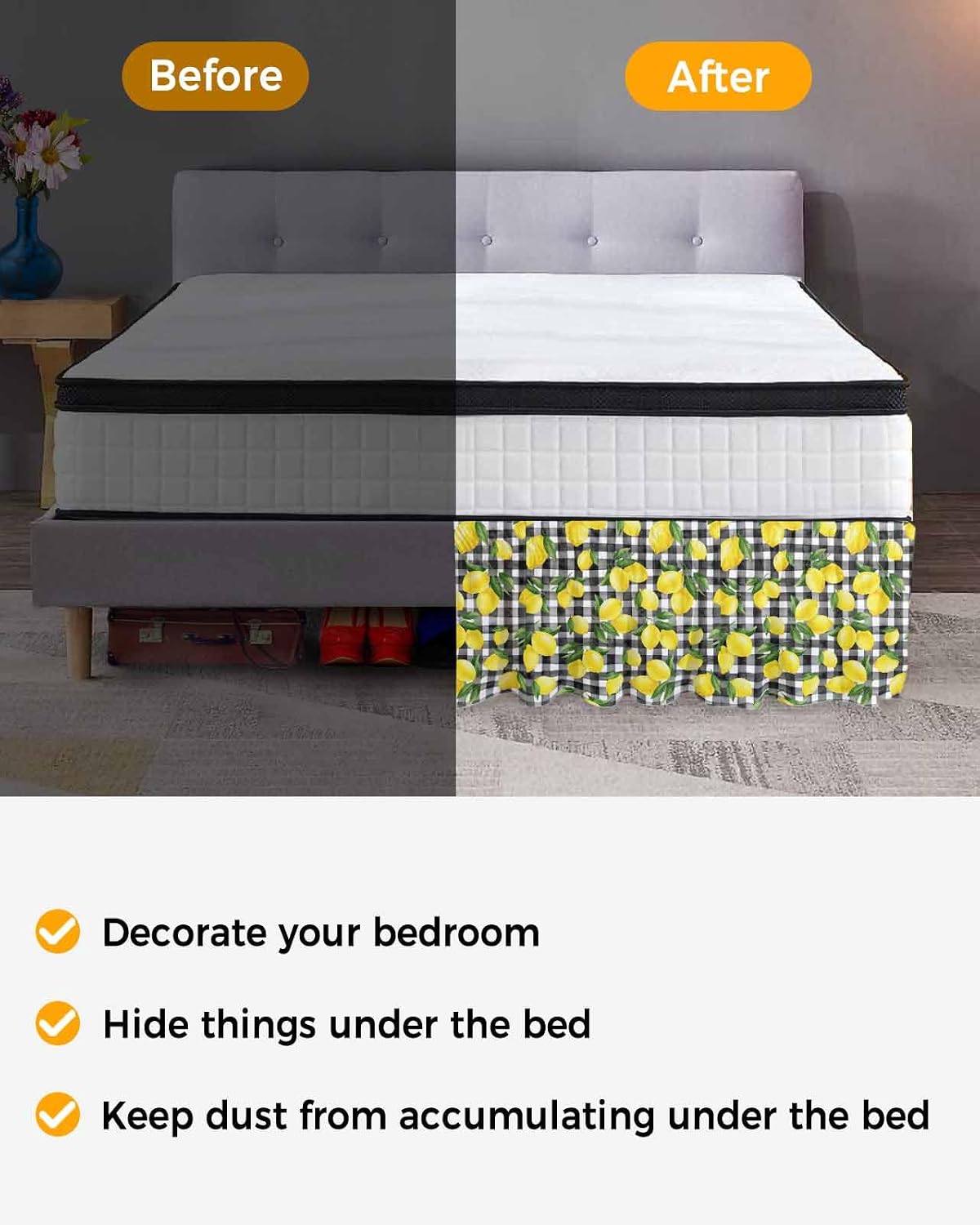 Yellow Lemons Bed Skirt Queen Size 16 Inch Drop, Adjustable Elastic Wrap Around Bed Skirts Easy Fitting Dust Ruffle Bedskirt Bed Frame Cover Summer Fruits Leaves Black White Buffalo Plaid