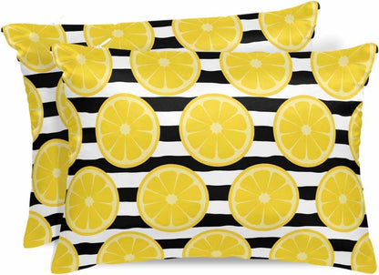 Yellow Lemon Pillow Cases Standard Size Set of 2, Summer Botanical Fruits Black White Stripes Satin Pillowcase with Zipper for Hair/Skin, Decorative Pillow Covers for Bed/Couch/Sofa, 20x26 Inches
