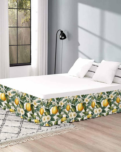 Watercolor Lemon Bed Skirt Queen Size 16 Inch Drop, Adjustable Elastic Wrap Around Bed Skirts Easy Fitting Dust Ruffle Bedskirt Bed Frame Cover Green Yellow Fruit Country Flower