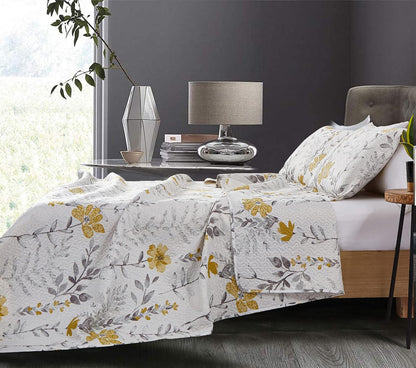 Grey Leaf Yellow Floral Twin Quilt Set - Bedspread, Coverlet, Pillow Shams - Lightweight, Reversible, Spring/Summer