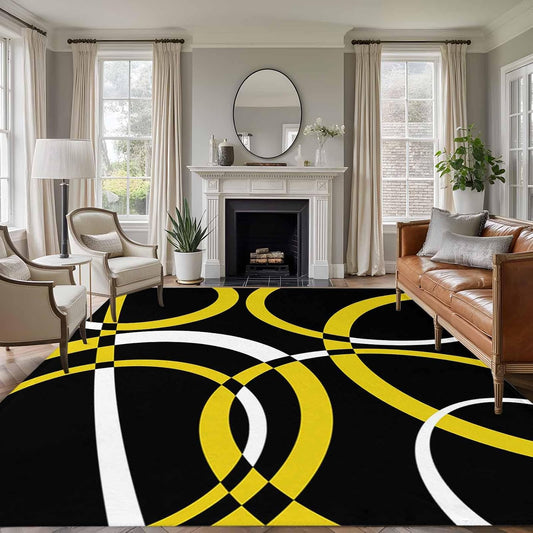 Modern Abstract Art 5x7 Area Rug for Living Room Bedroom, Yellow White Geometric Circle Washable Rugs Absorbent Non-Slip Indoor Carpet for Dining Room Home Office Decor