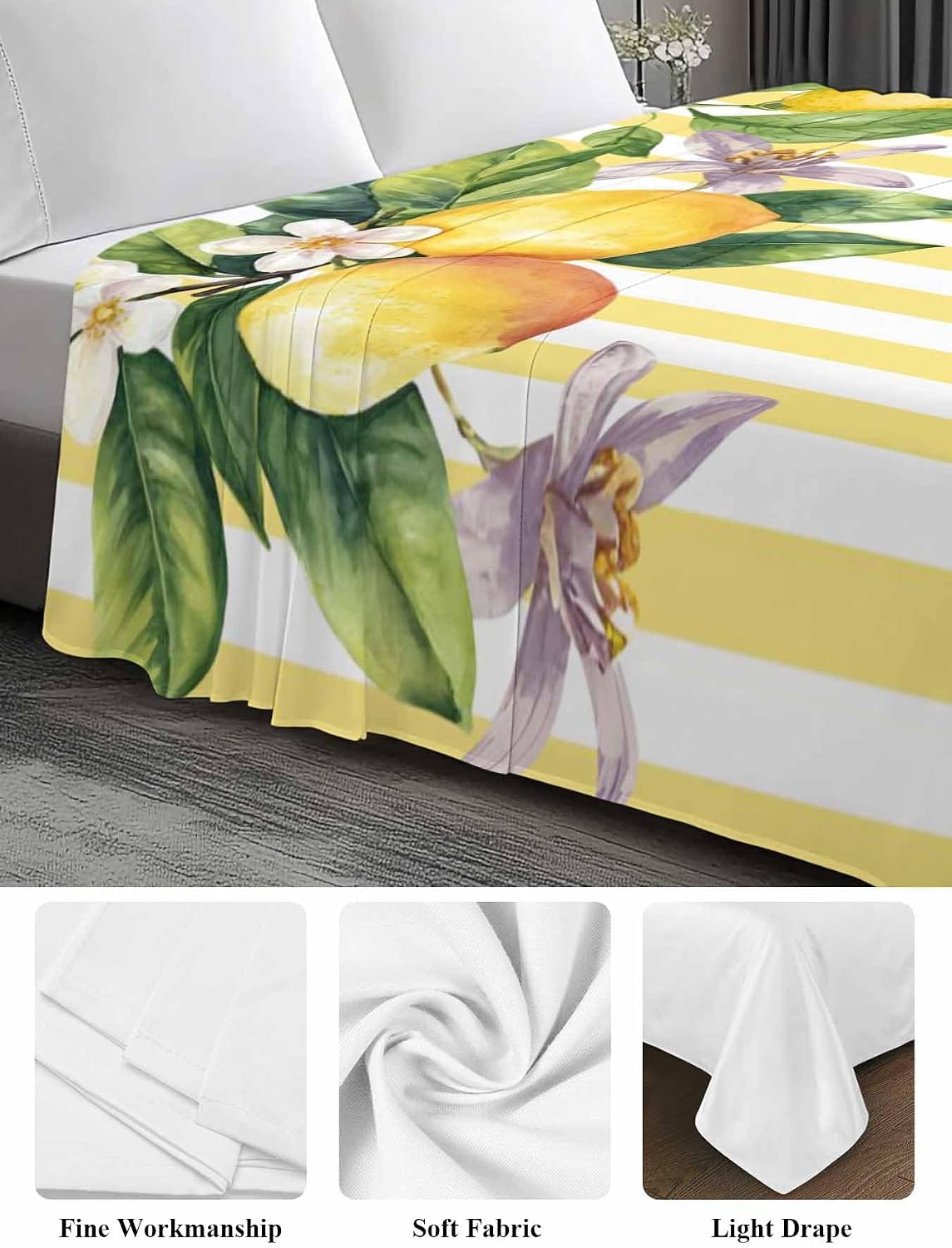 Twin Flat Sheet Only Bed Sheets Lemon Fruits Floral Leaves Microfiber Breathable Bedding Flat Sheet, Yellow Stripes Soft Top Sheets for Bedroom Living Room Sofa