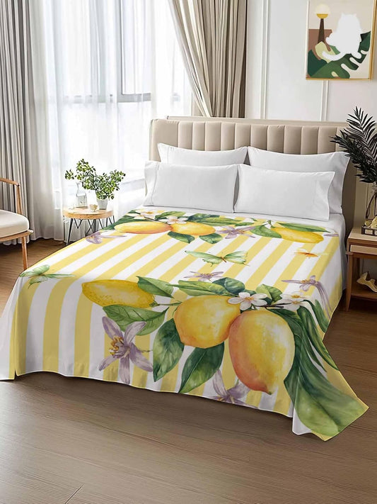 Flat Sheets Queen Size Bedding Sheet,Lemon Fruits Floral Leaves Soft Microfiber Breathable Top Sheets for Bedroom Hotel Luxury-1 Bed Flat Sheet Only,Yellow Stripes