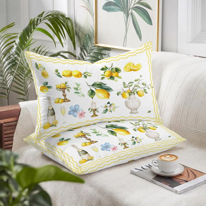 Pillow Cases Standard Size Set of 2, Boho Lemons Breathable Microfiber Pillow Covers with Envelope Closure, Summer Yellow Fruits Flowers Leaf Stripe Luxurious Bed Pillowcases, 20x26 Inch