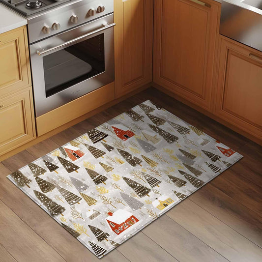 Christmas 2x3 Area Rugs for Living Room, Winter Abstract Christmas Tree House Snow Yellow Non Slip Floor Mat Washable Low-Profile Indoor Carpet for Bedroom, Dining Room, Bathroom