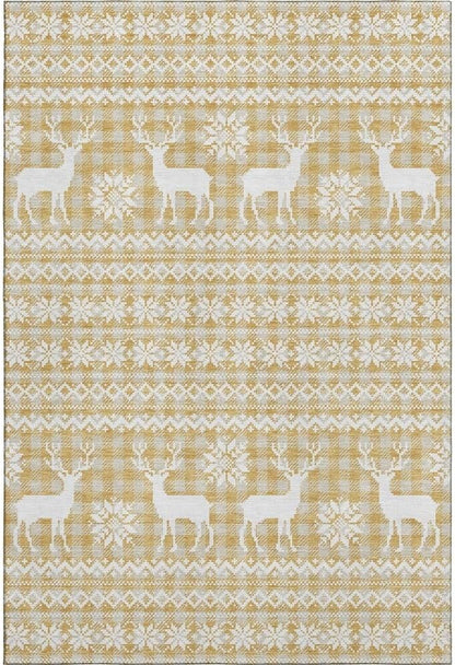 Holiday Festive Theme Soft Plush Thick Pile Christmas Area Rug 8' x 10' | Winter Cheer Xmas Playful Deer Snowflakes Plaid Patterns Gold Yellow White Color | Washable Nonslip Indoor Outdoor Rugs