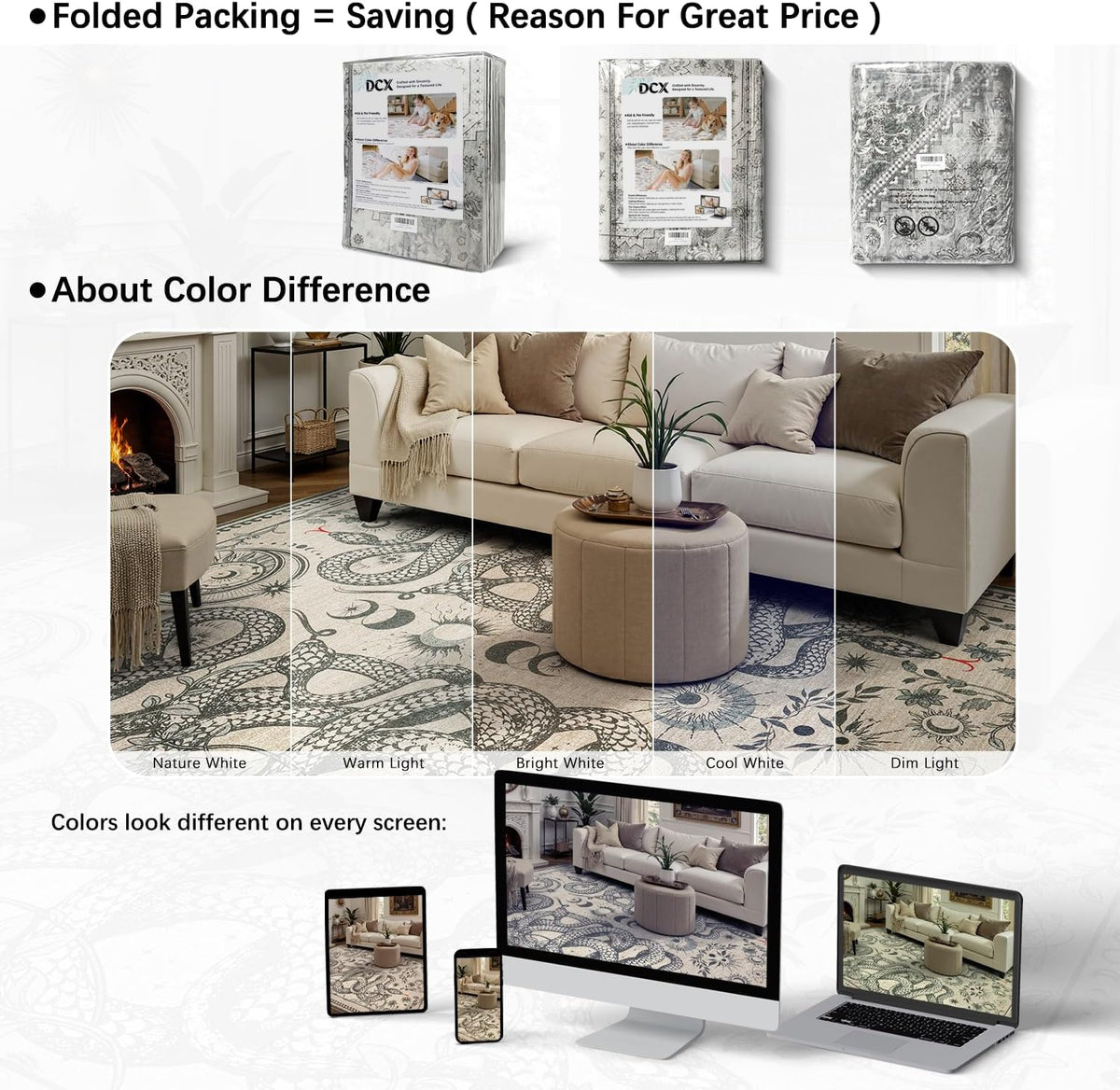 DCX 4x6 Washable Snake Rug for Living Room, Non Slip Low Pile Rug, Beige