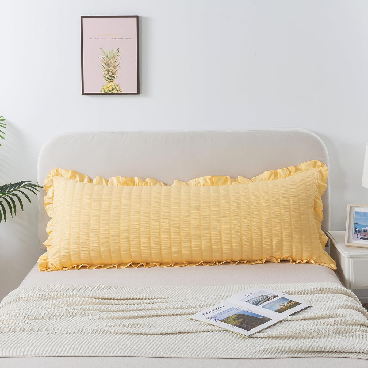 Seersucker Body Pillowcases, 20x54 inches Long Pillowcase Ruffled Pillowcases Shabby Chic Boho Ruffled Fringe Decor Body Pillowcase Light Yellow