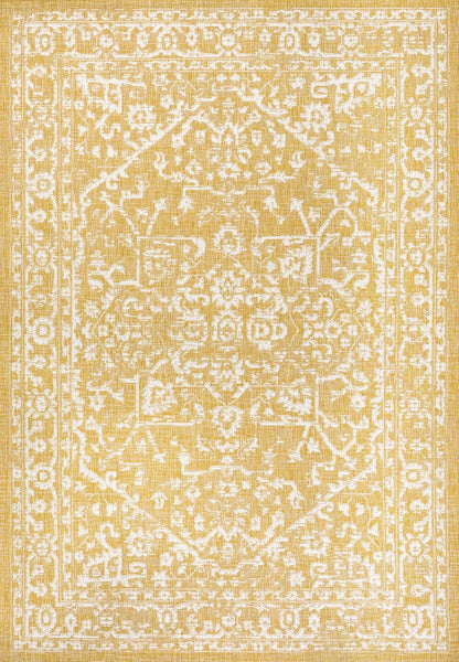 Boho Medallion Indoor Outdoor Area Rug 8X10 Yellow/Cream, Malta Textured Weave for Backyard, Patio, Porch, Easy-Cleaning, High Traffic, Pet-Friendly, Non-Shedding (SMB104G-8)
