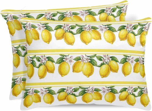 Lemon Summer Pillow Cases Standard Size Set of 2, Satin Pillowcase for Hair and Skin, Watercolor Fruits Yellow Stripes Throw Pillow Covers Cooling Pillow Protector with Zipper 20"x26"x2
