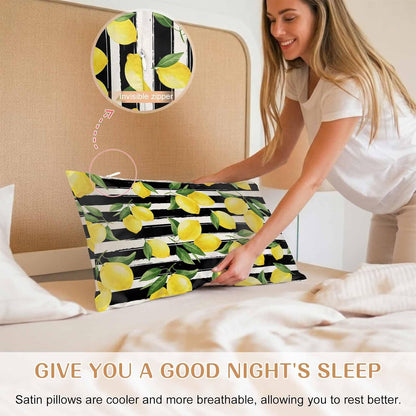 Yellow Lemon Standard Pillowcase Set of 2, Summer Fruit Black Striped Satin Pillow Case Cover with Smooth Hidden Zipper Closure, Soft Throw Pillow Covers Cases for Home Decoration 20 X 26 Inches